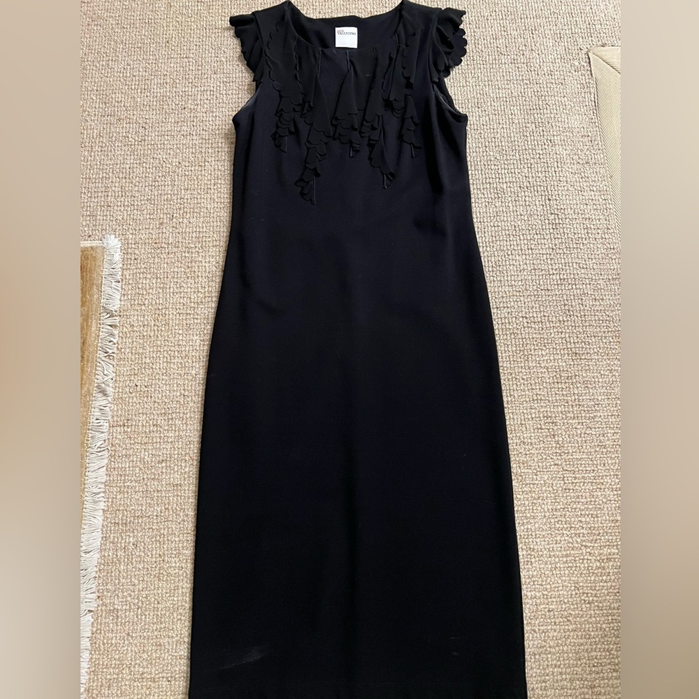 RED Valentino Black Ruffled Sheath Midi Dress